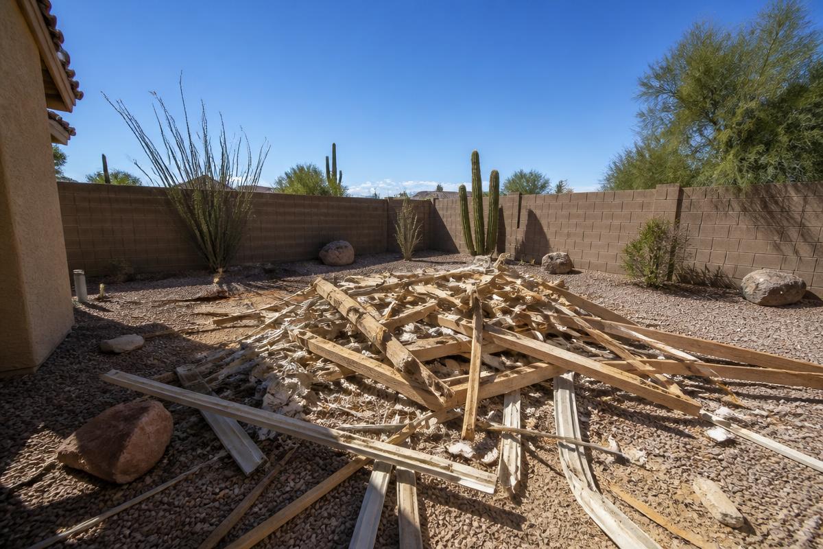 Large pile of demolition and household debris stacked in a yard