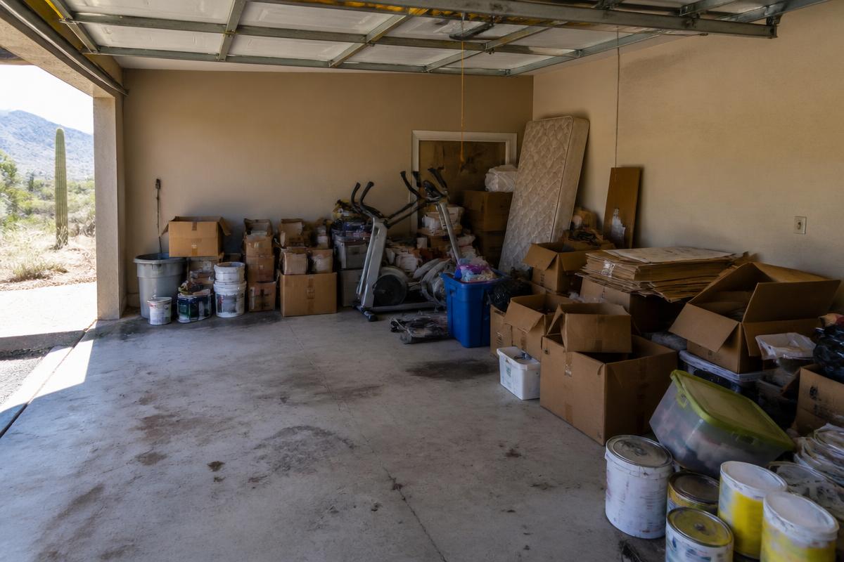 Garage packed with boxes, furniture, and household clutter before removal