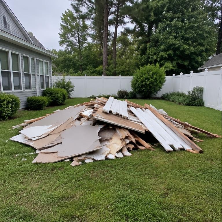 Representative demolition debris pile in a green Virginia Beach backyard